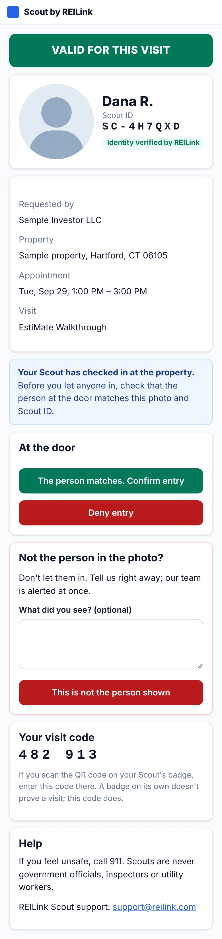 Verify your Scout: VALID FOR THIS VISIT, Dana R., Scout ID SC-4H7QXD, identity verified by REILink; the appointment; At the door: The person matches. Confirm entry, or Deny entry; Not the person in the photo?; the visit code.