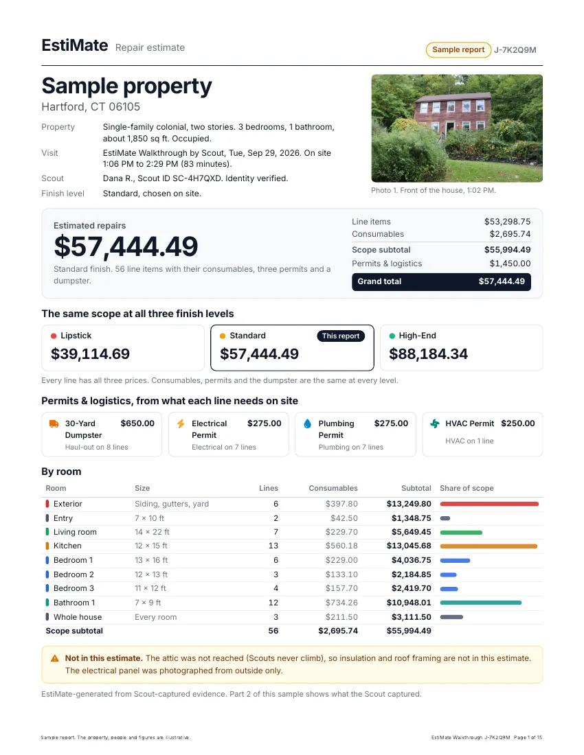 Sample report, page 1 of 15: estimated repairs $57,444.49, Standard finish
